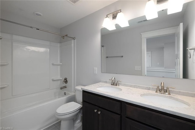 full bathroom featuring vanity, tile patterned flooring, shower / bathing tub combination, and toilet