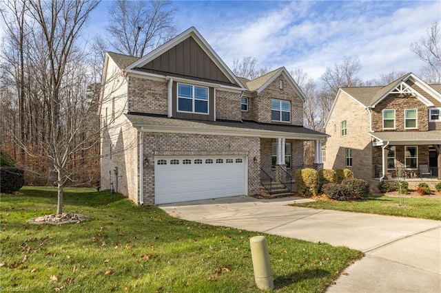 craftsman-style house with a porch, a front yard, and a garage