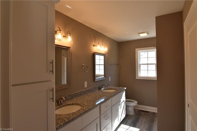 bathroom with vanity, hardwood / wood-style floors, and toilet