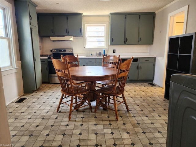 dining area featuring washer / clothes dryer, ornamental molding, and a textured ceiling