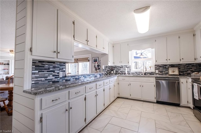 kitchen with stone counters, white cabinetry, decorative backsplash, and stainless steel dishwasher