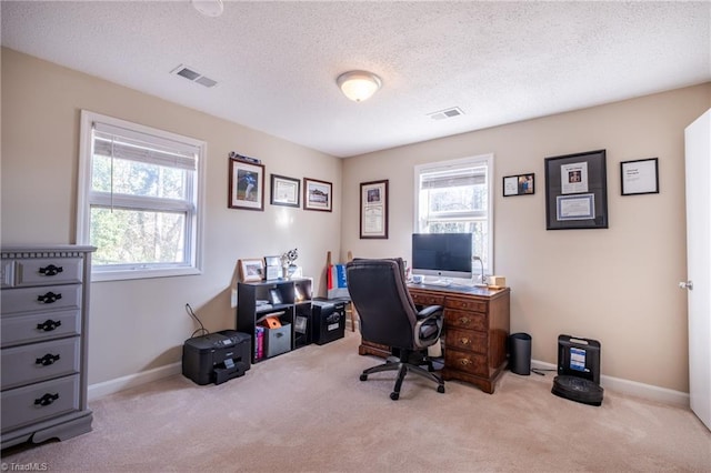 office featuring a wealth of natural light, light colored carpet, and visible vents