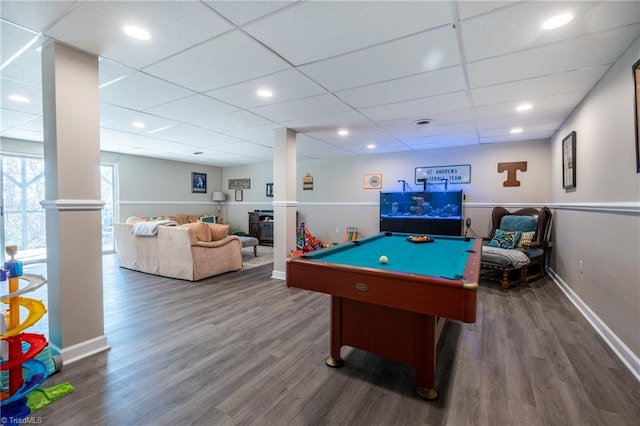 game room with a paneled ceiling, dark wood-style floors, billiards, and baseboards