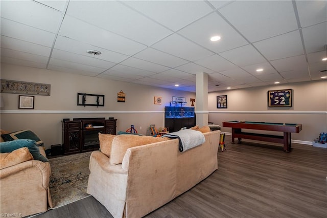 living room featuring recessed lighting, visible vents, dark wood-type flooring, billiards, and baseboards