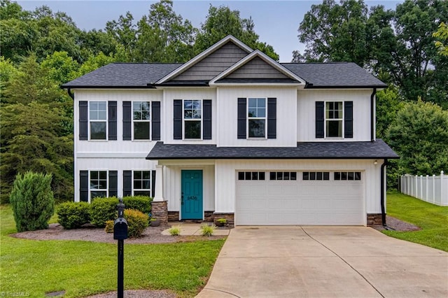 6436 Beaver Pond Ct, Pfafftown, NC 27040 - craftsman-style home featuring concrete driveway, an attached garage, a shingled roof, and stone siding