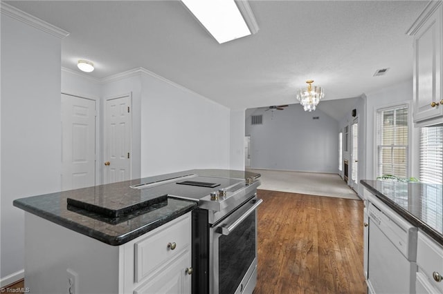 kitchen with white dishwasher, stainless steel electric stove, ornamental molding, and visible vents