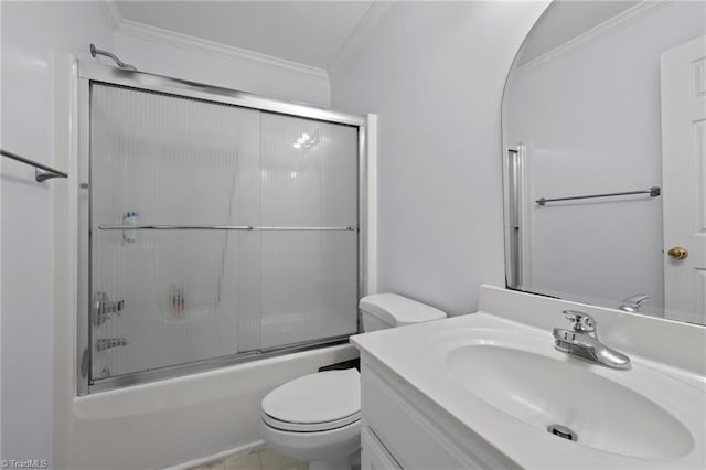 bathroom with toilet, ornamental molding, bath / shower combo with glass door, and vanity