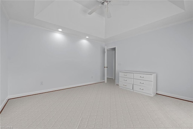 unfurnished room with carpet floors, ornamental molding, ceiling fan, recessed lighting, and a raised ceiling