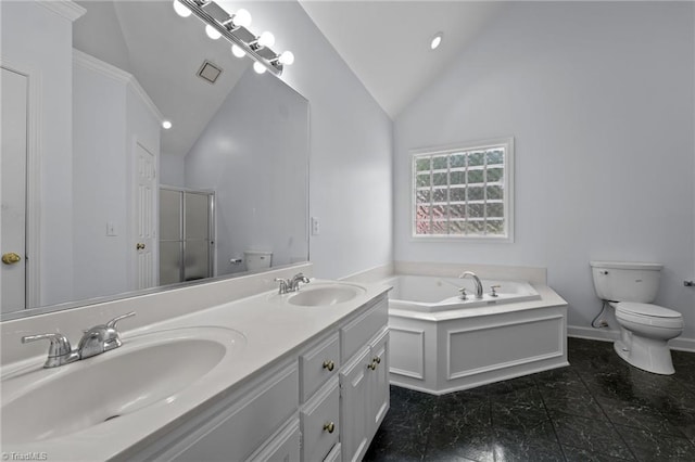 full bathroom with toilet, visible vents, a sink, and a stall shower