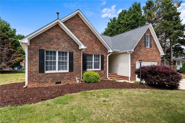 ranch-style home featuring a garage, a front yard, crawl space, and brick siding