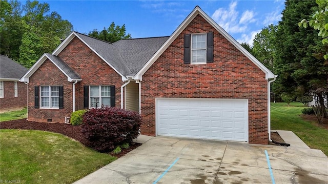 traditional home with a front lawn, roof with shingles, brick siding, an attached garage, and driveway