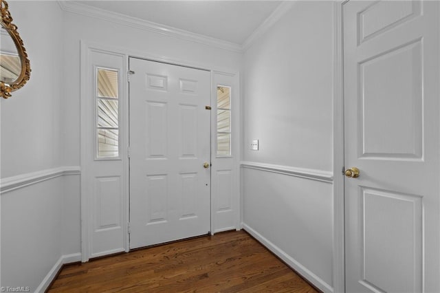 entryway with baseboards, crown molding, and dark wood-type flooring