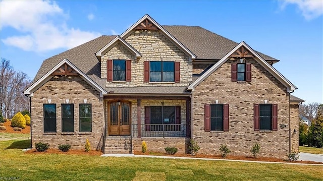 craftsman house featuring stone siding, brick siding, roof with shingles, and a front yard