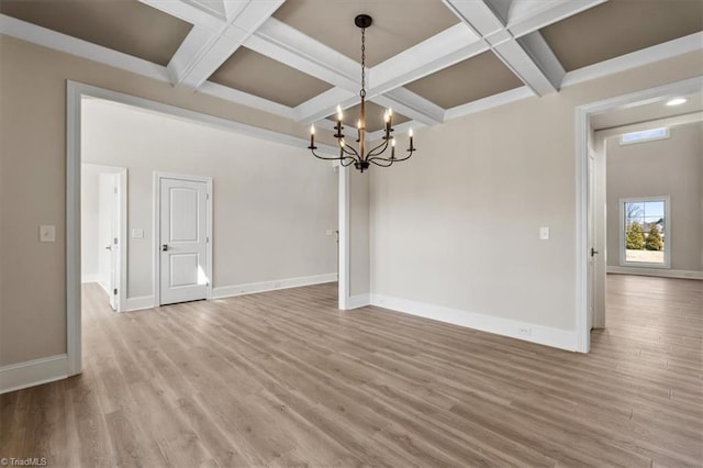 unfurnished dining area with baseboards, coffered ceiling, and light wood finished floors