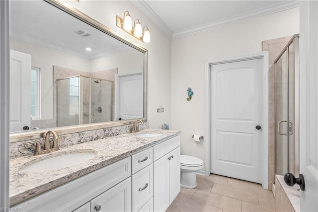 bathroom featuring tile patterned floors, crown molding, an enclosed shower, toilet, and vanity