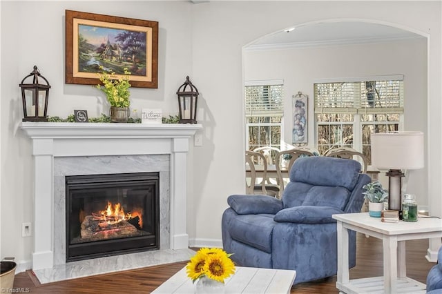 living area with hardwood / wood-style floors, crown molding, and a premium fireplace