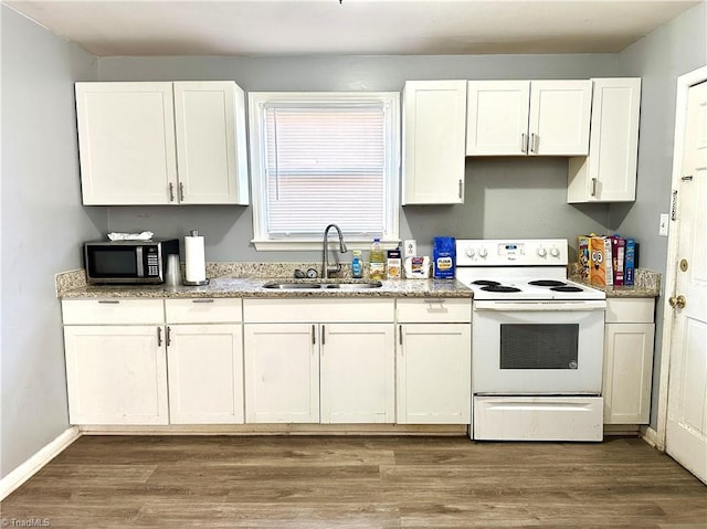 kitchen featuring electric range, dark wood-style flooring, stainless steel microwave, and a sink