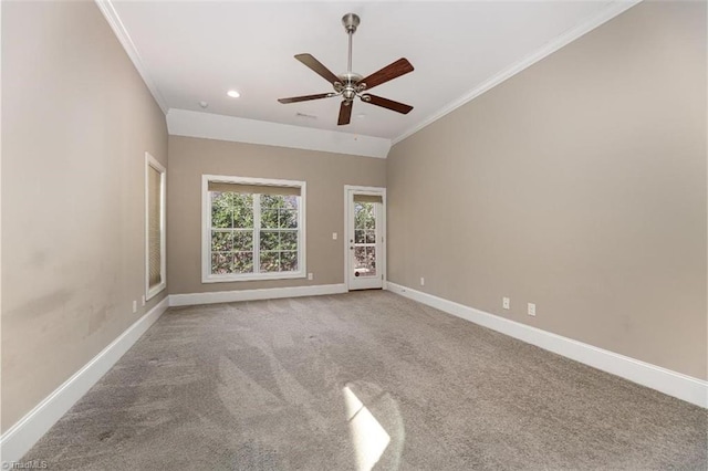 spare room with ornamental molding, baseboards, ceiling fan, carpet floors, and recessed lighting