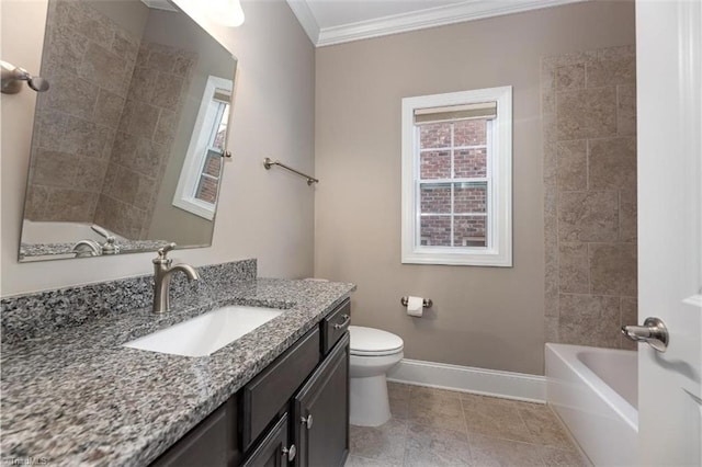 full bathroom featuring vanity, baseboards, ornamental molding, toilet, and tile patterned floors