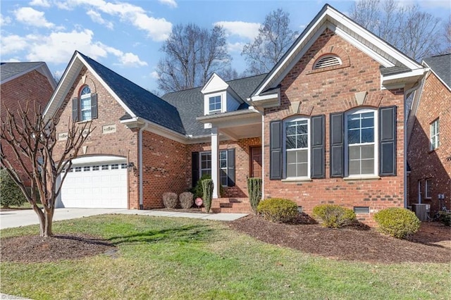 traditional home with cooling unit, brick siding, driveway, and crawl space