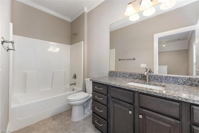 bathroom with crown molding, toilet, vanity, tub / shower combination, and tile patterned floors