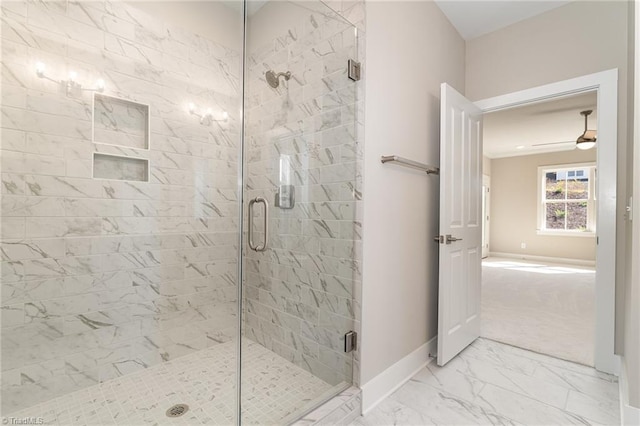 bathroom with tile floors and an enclosed shower