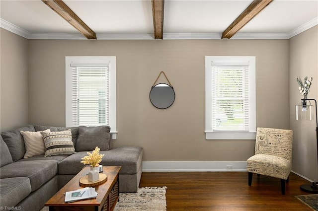 609 W Lexington Ave, High Point, NC 27262 - living area featuring beam ceiling, wood finished floors, and ornamental molding