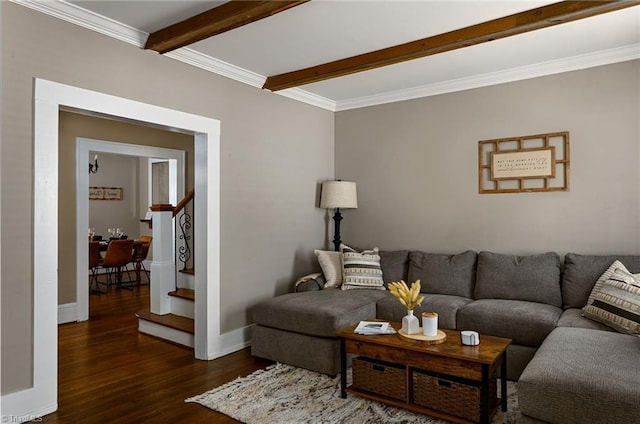 609 W Lexington Ave, High Point, NC 27262 - living room with wood finished floors, beam ceiling, stairs, and ornamental molding