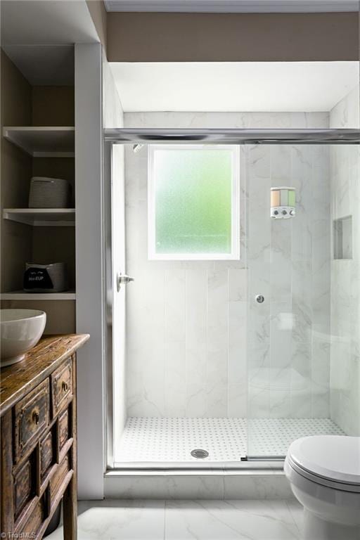 609 W Lexington Ave, High Point, NC 27262 - full bath featuring a stall shower, vanity, and marble look tiles
