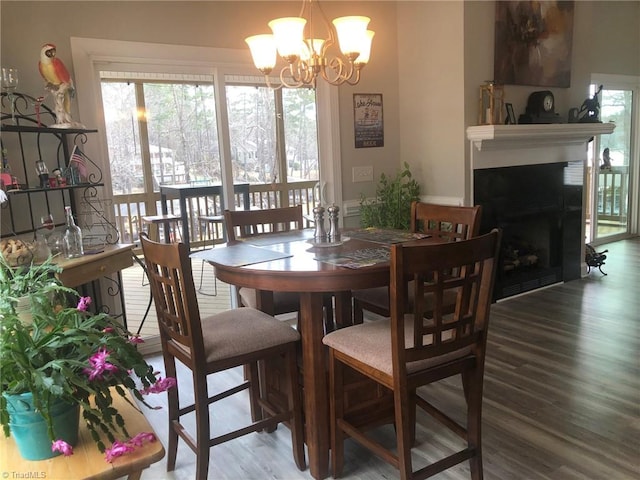 dining room featuring a fireplace, wood finished floors, and a healthy amount of sunlight