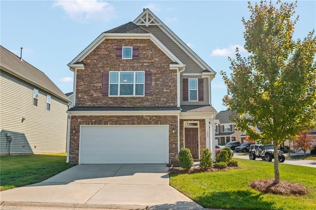 craftsman-style home featuring a front lawn and a garage