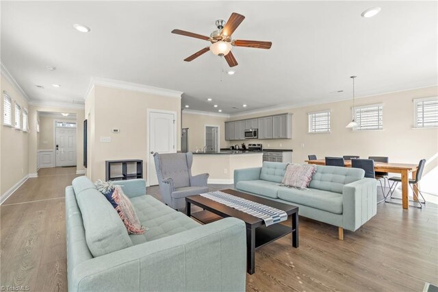 living room with ornamental molding, ceiling fan, plenty of natural light, and light wood-type flooring