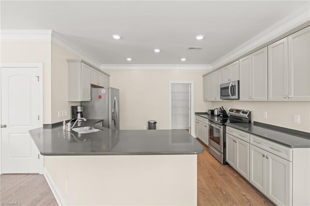 kitchen featuring ornamental molding, sink, stainless steel appliances, and light wood-type flooring