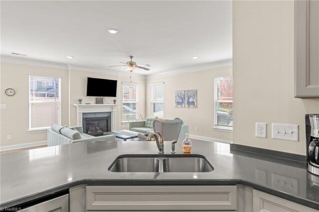 kitchen featuring ceiling fan, crown molding, sink, and white cabinets