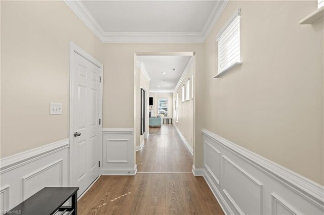 corridor with ornamental molding and wood-type flooring