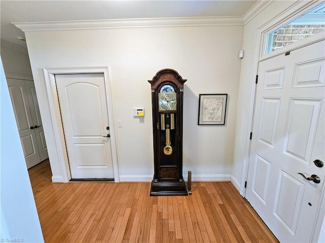 foyer entrance with crown molding and light wood-type flooring