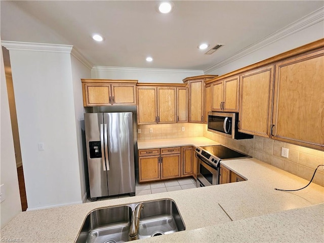 kitchen with sink, appliances with stainless steel finishes, light stone counters, tasteful backsplash, and ornamental molding