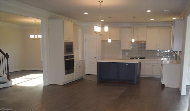 kitchen with tasteful backsplash, a notable chandelier, ornamental molding, stainless steel microwave, and black oven