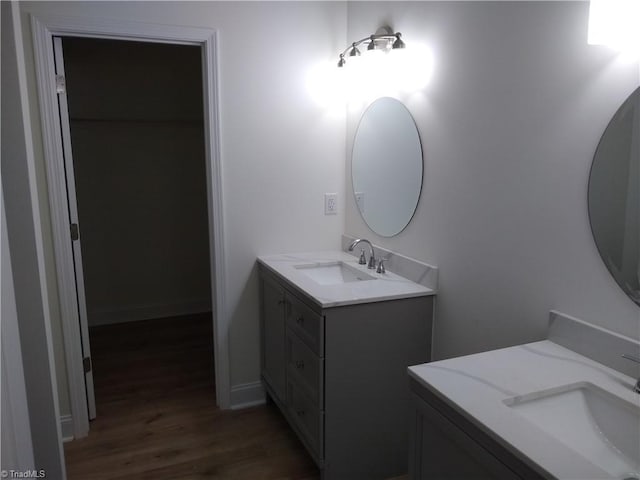 bathroom featuring hardwood / wood-style floors and double vanity