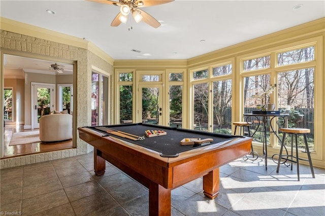 recreation room featuring pool table, ceiling fan, and crown molding