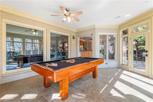 game room with pool table, crown molding, visible vents, and ceiling fan