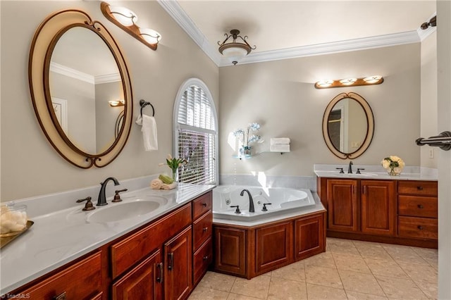 full bathroom with tile patterned floors, a jetted tub, crown molding, and a sink