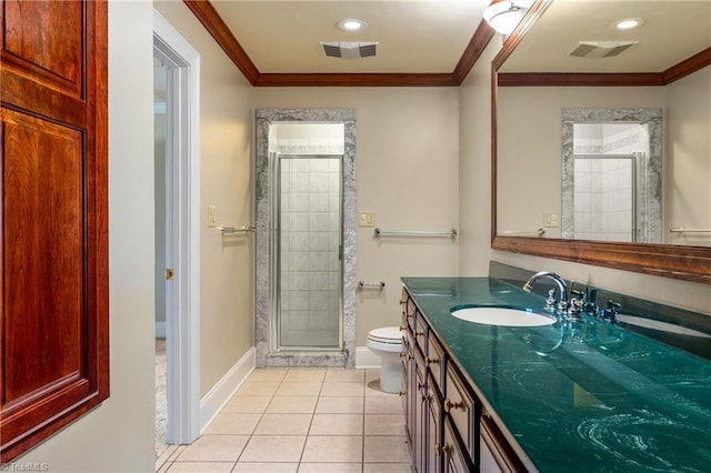 bathroom featuring crown molding, toilet, visible vents, and a shower stall