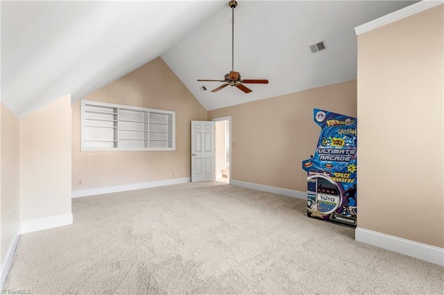 game room with visible vents, high vaulted ceiling, a ceiling fan, carpet flooring, and baseboards