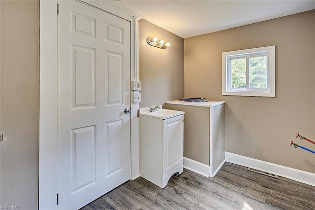 washroom with wood-type flooring and sink