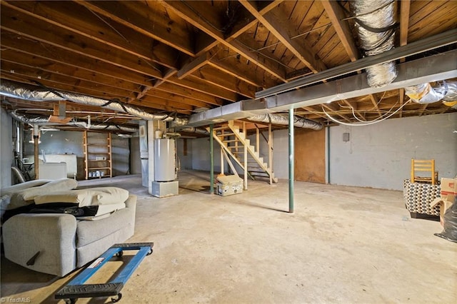 unfinished basement featuring stairway