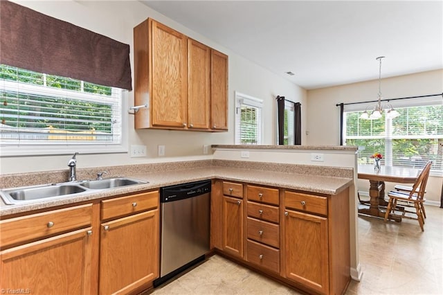 822 Blue Lake Dr, Mebane, NC 27302 - kitchen featuring stainless steel dishwasher, healthy amount of natural light, a peninsula, and a chandelier