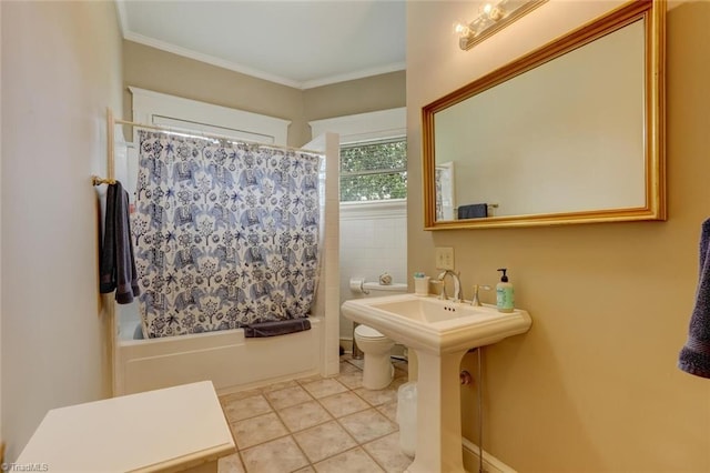 bathroom with tile patterned flooring, shower / bath combo, toilet, and ornamental molding