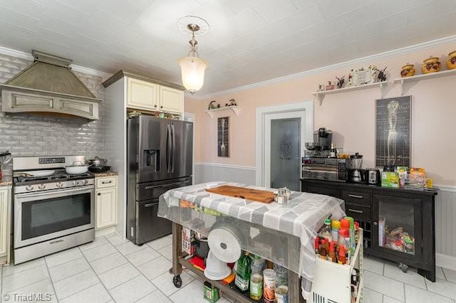 kitchen featuring appliances with stainless steel finishes, backsplash, ornamental molding, custom range hood, and hanging light fixtures