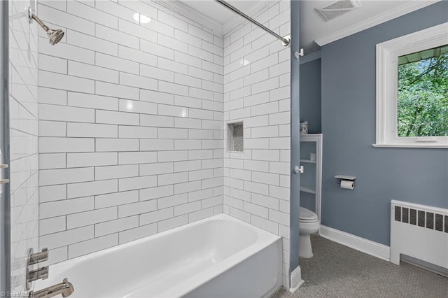 503 Tarleton Ave, Burlington, NC 27215 - bathroom with radiator heating unit, ornamental molding, and shower / bathtub combination